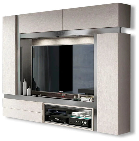 tv panel: Modern entertainment center with shelves and cabinets for organized TV setup