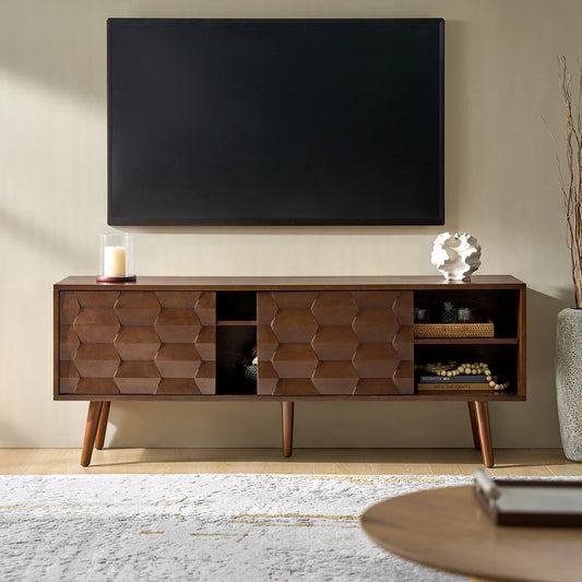 tv panel: 63" mid-century TV panel with power outlets and cable management system