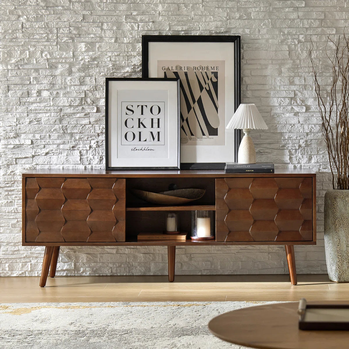 tv panel: 63" mid-century TV panel with power outlets and cable management system
