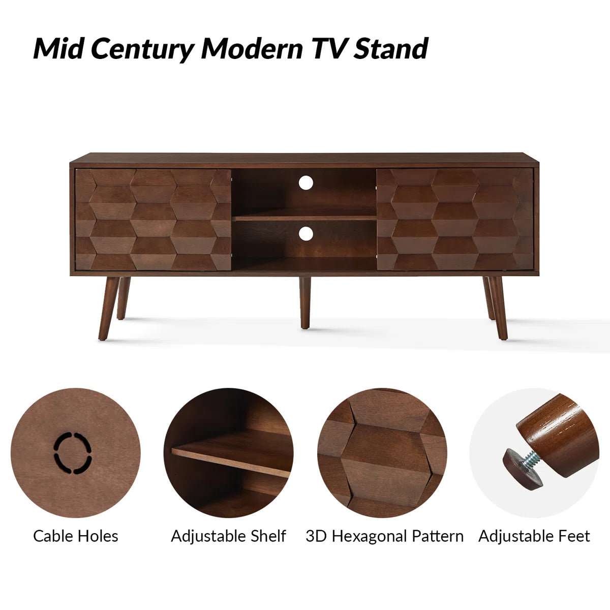 tv panel: 63" mid-century TV panel with power outlets and cable management system