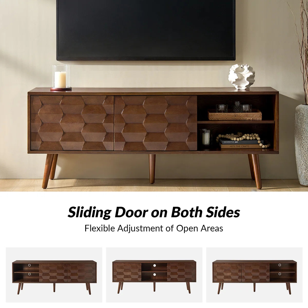 tv panel: 63" mid-century TV panel with power outlets and cable management system