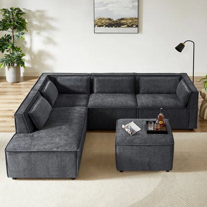7 Seater Sofa Set: 100" W Linen Modular Combination Sofa Bed with Ottoman