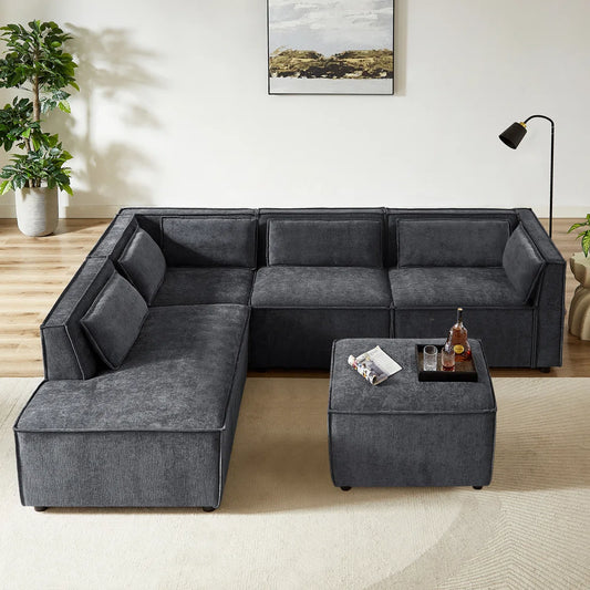 7 Seater Sofa Set: 100" W Linen Modular Combination Sofa Bed with Ottoman