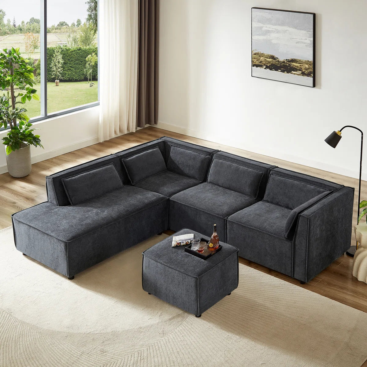 7 Seater Sofa Set: 100" W Linen Modular Combination Sofa Bed with Ottoman