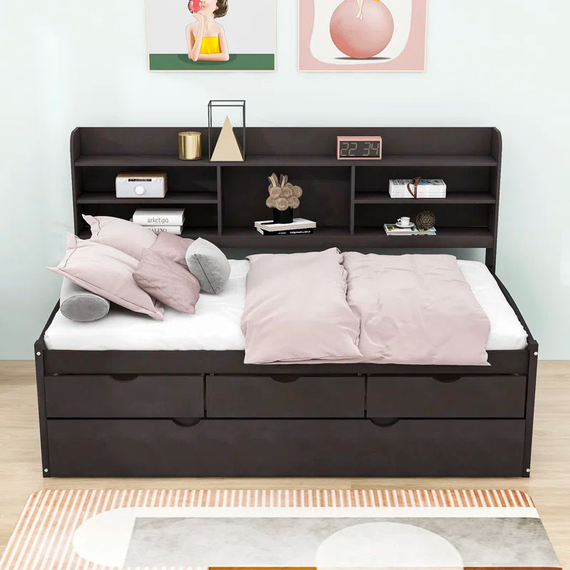Single Bed: 3 Drawers Wooden Bed with Trundle
