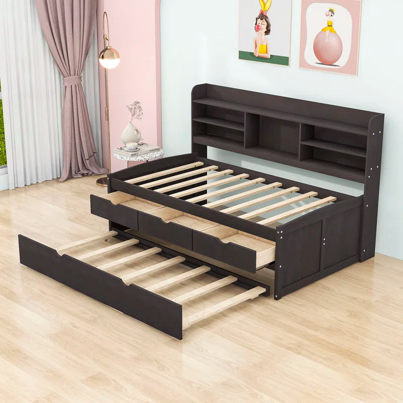 Single Bed: 3 Drawers Wooden Bed with Trundle