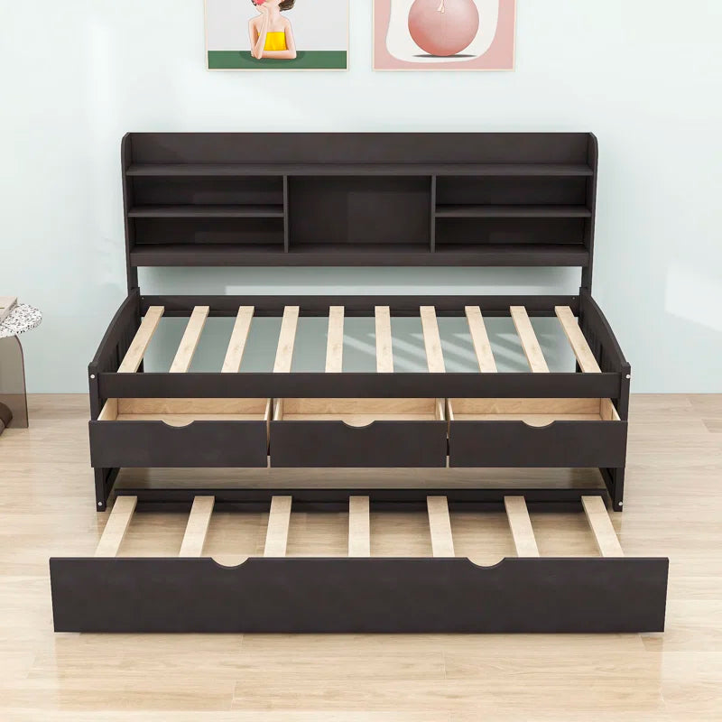 Single Bed: 3 Drawers Wooden Bed with Trundle