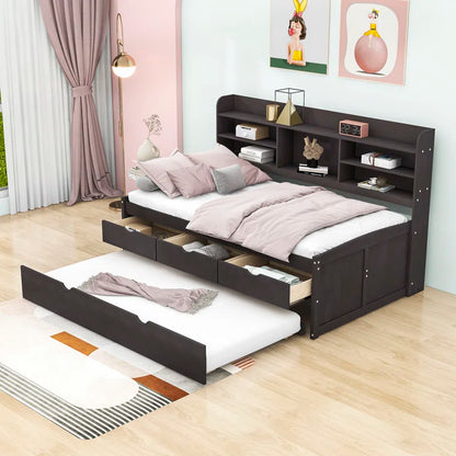 Single Bed: 3 Drawers Wooden Bed with Trundle