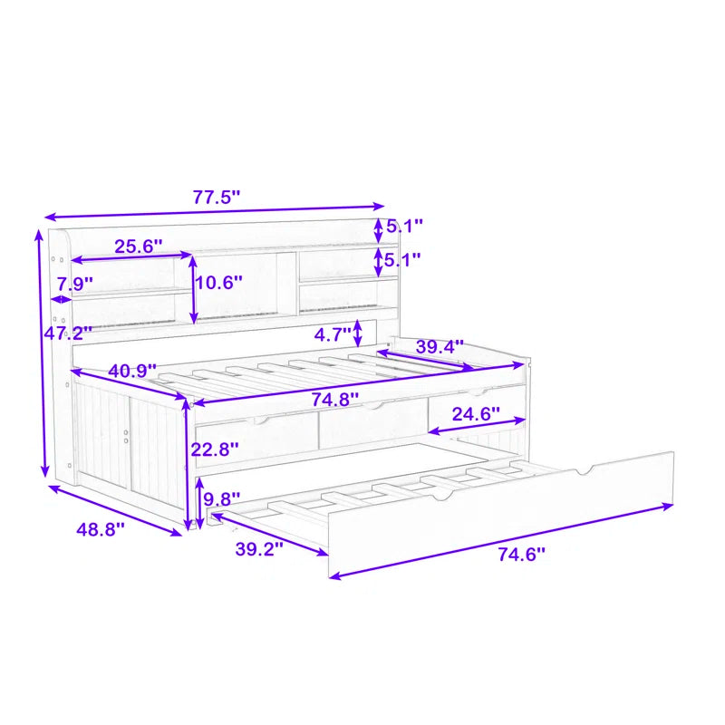 Single Bed: 3 Drawers Wooden Bed with Trundle