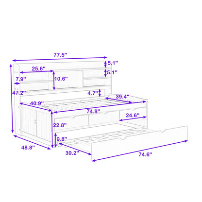 Single Bed: 3 Drawers Wooden Bed with Trundle