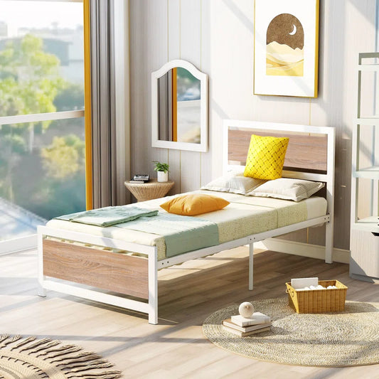 Single Bed: Metal And Wood Frame Bed