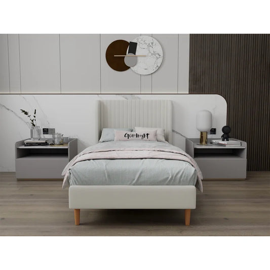 Single Bed: Upholstered Platform Bed White