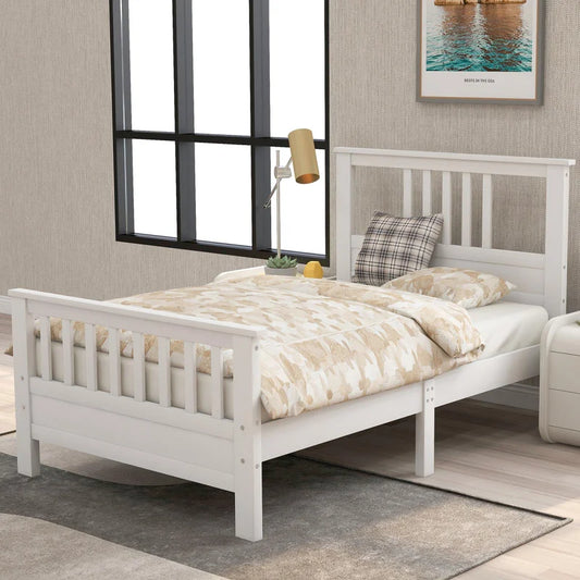 Single Bed: White Solid Wood Bed