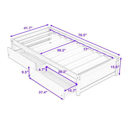 Single Bed: Wood Platform Bed with 2 Drawers