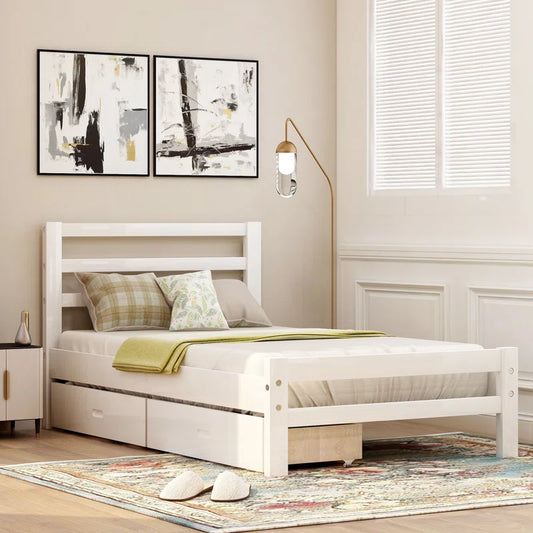 Single Bed: Wood Platform Bed with Two Drawers