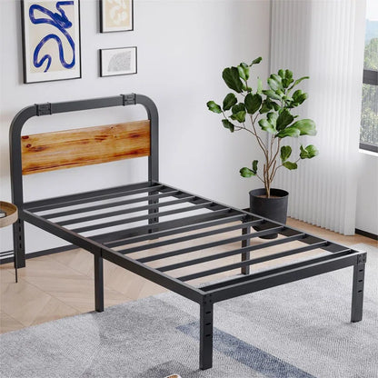 Single Bed: Wood and Black Metal Bed