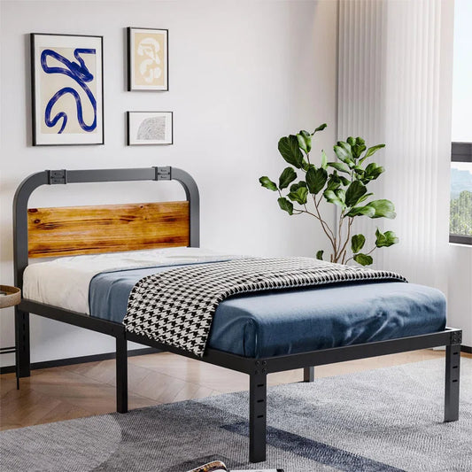 Single Bed: Wood and Black Metal Bed