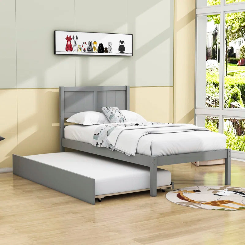 Single Bed: Wooden Platform Bed with Trundle