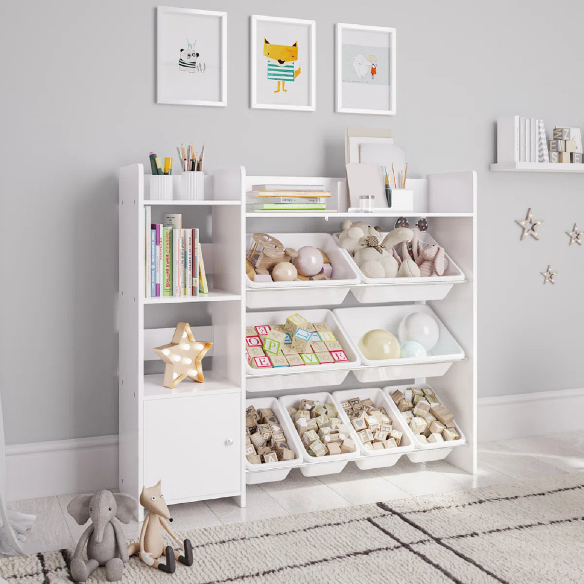 Kids Toy Storage Unit: Wooden Organiser with Bookshelf & 8 Bins