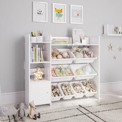 Kids Toy Storage Unit: Wooden Organiser with Bookshelf & 8 Bins