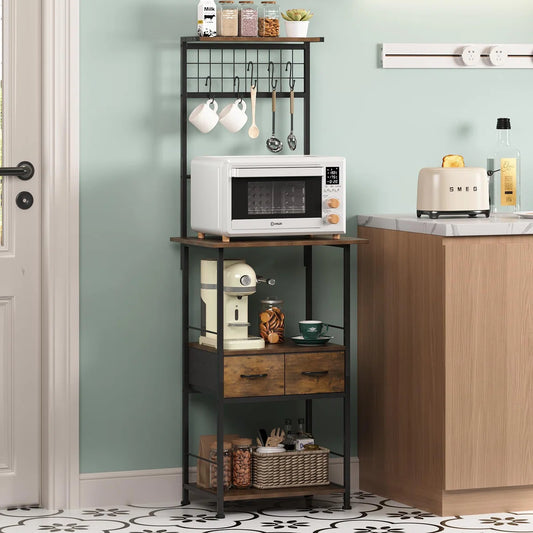 Kitchen Racks: Rustic Coffee Bar Station with Hooks, Drawers, and Open Storage Shelves