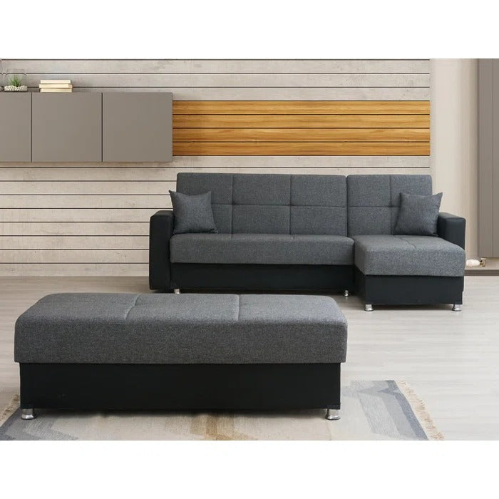 Sofa Cum Bed: Modern Grey Fabric Upholstered L-shaped Sofa Cum Bed