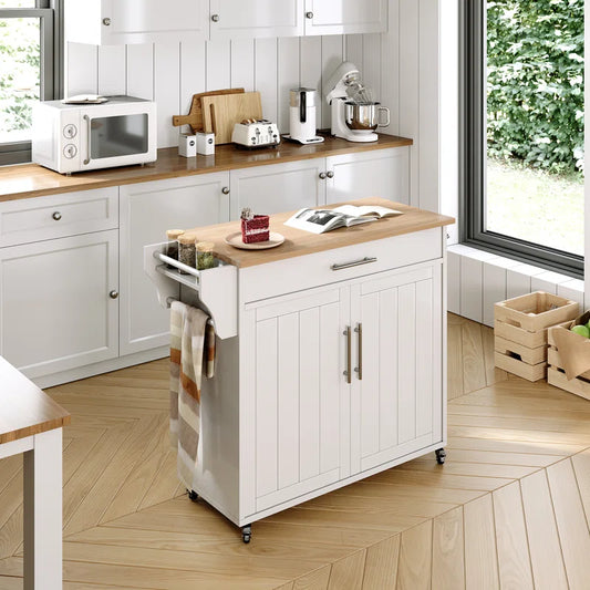 Kitchen Island Table with Cabinets, Drawer, and Rolling Wheels – White & Brown Finish