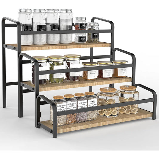 Kitchen Racks: 3-Tier Countertop Spice Rack with Wood and Metal Frame