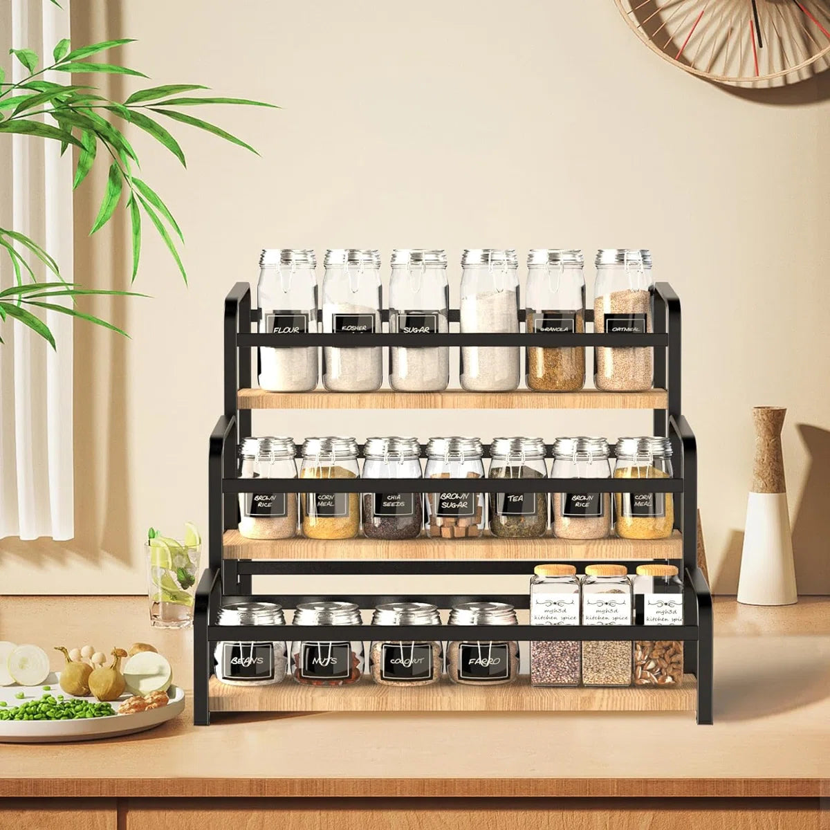 Kitchen Racks: 3-Tier Countertop Spice Rack with Wood and Metal Frame
