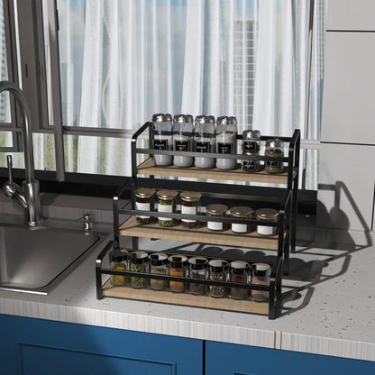 Kitchen Racks: 3-Tier Countertop Spice Rack with Wood and Metal Frame