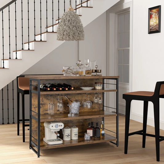 Kitchen Island Table: 47'' Industrial Mini Bar Table with Wine Rack, Glass Holders & 4-Tier Storage,