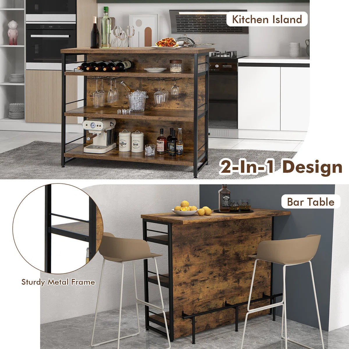 Kitchen Island Table: 47'' Industrial Mini Bar Table with Wine Rack, Glass Holders & 4-Tier Storage,
