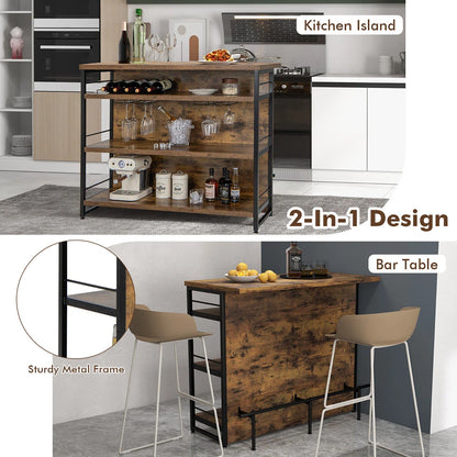 Kitchen Island Table: 47'' Industrial Mini Bar Table with Wine Rack, Glass Holders & 4-Tier Storage,