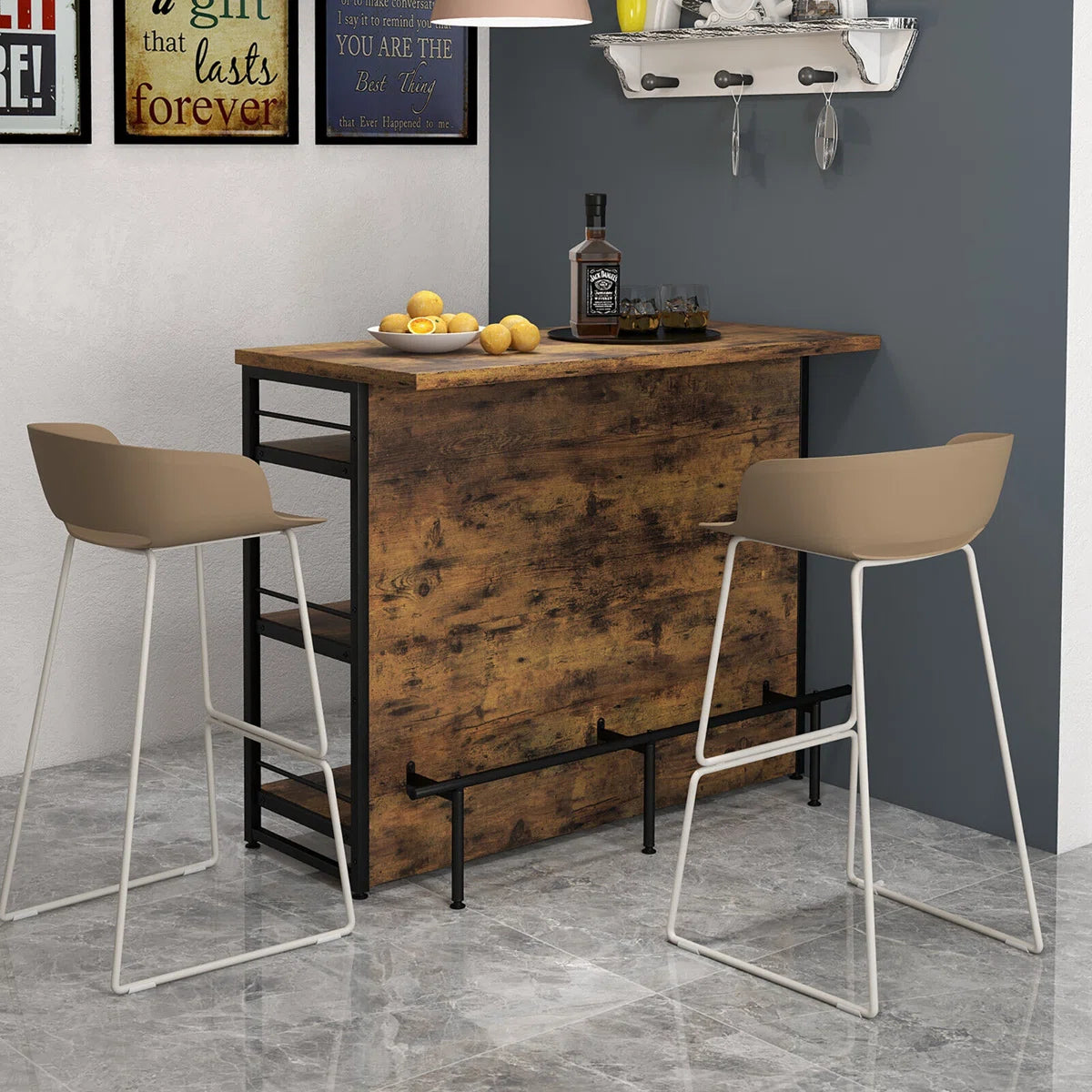 Kitchen Island Table: 47'' Industrial Mini Bar Table with Wine Rack, Glass Holders & 4-Tier Storage,