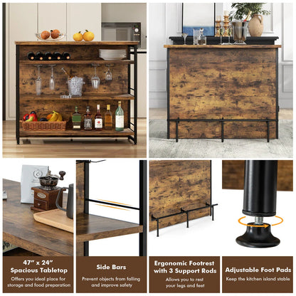Kitchen Island Table: 47'' Industrial Mini Bar Table with Wine Rack, Glass Holders & 4-Tier Storage,