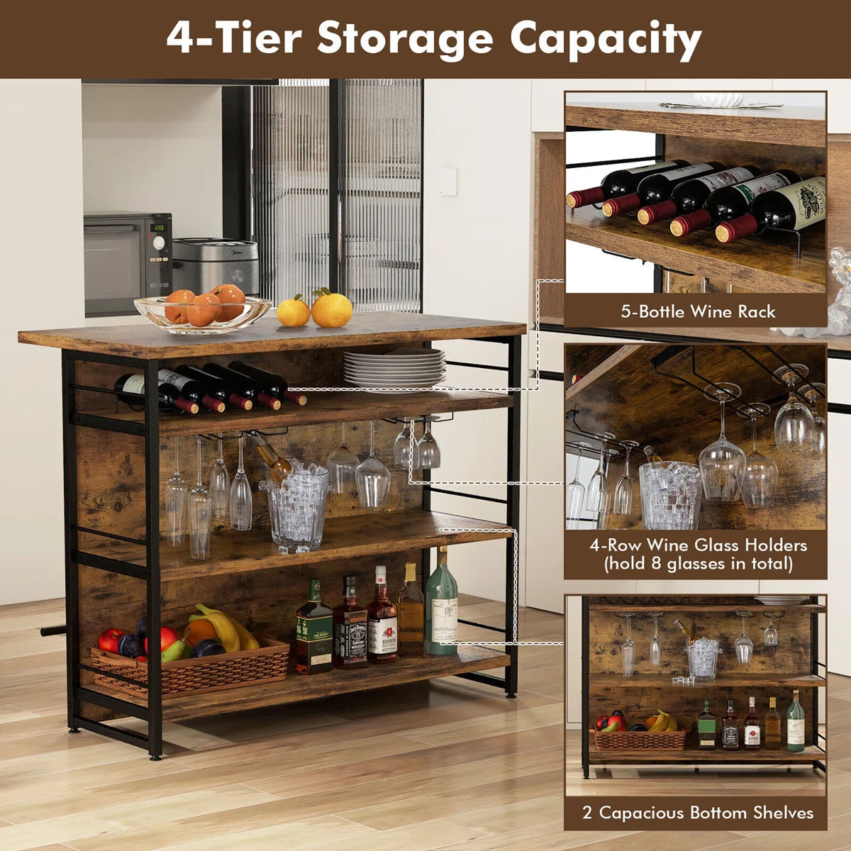 Kitchen Island Table: 47'' Industrial Mini Bar Table with Wine Rack, Glass Holders & 4-Tier Storage,