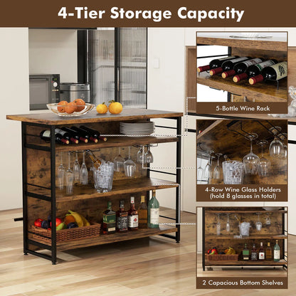 Kitchen Island Table: 47'' Industrial Mini Bar Table with Wine Rack, Glass Holders & 4-Tier Storage,
