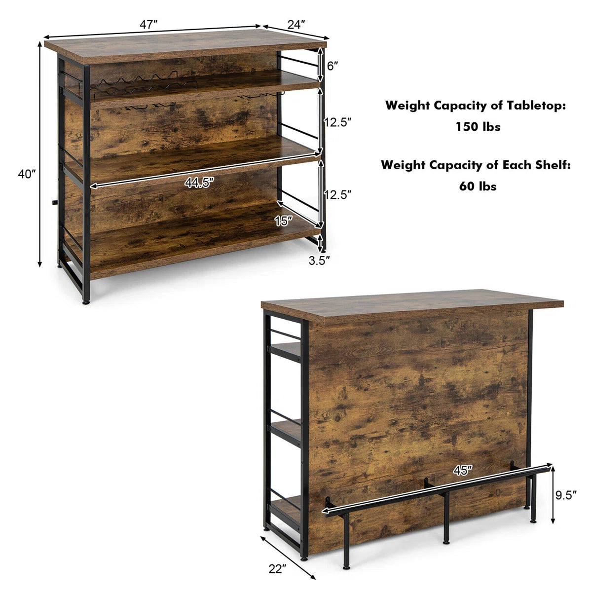 Kitchen Island Table: 47'' Industrial Mini Bar Table with Wine Rack, Glass Holders & 4-Tier Storage,