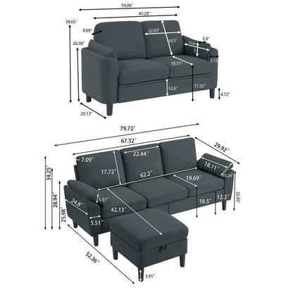 Luxury Sofa Sets: 3-Piece Sectional Sofa Set with Ottoman & Toss Pillows in Polyester Blend Upholstery