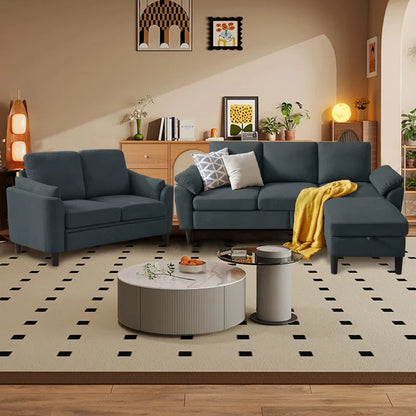 Luxury Sofa Sets: 3-Piece Sectional Sofa Set with Ottoman & Toss Pillows in Polyester Blend Upholstery
