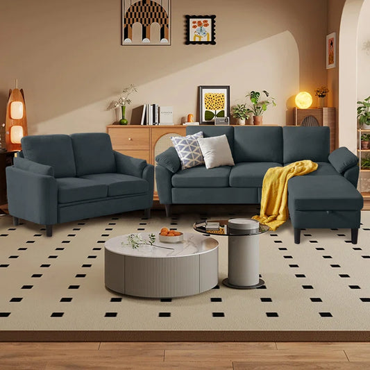 Luxury Sofa Sets: 3-Piece Sectional Sofa Set with Ottoman & Toss Pillows in Polyester Blend Upholstery