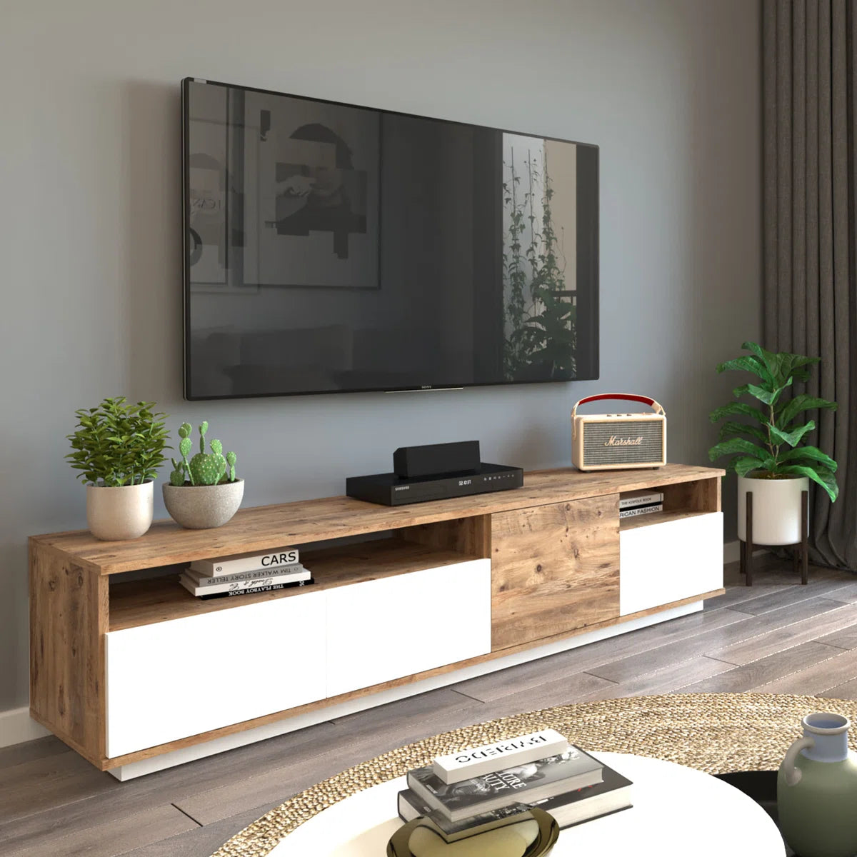 tv panel: Modern tv panel with Shelves, Designed for TVs Up to 40"