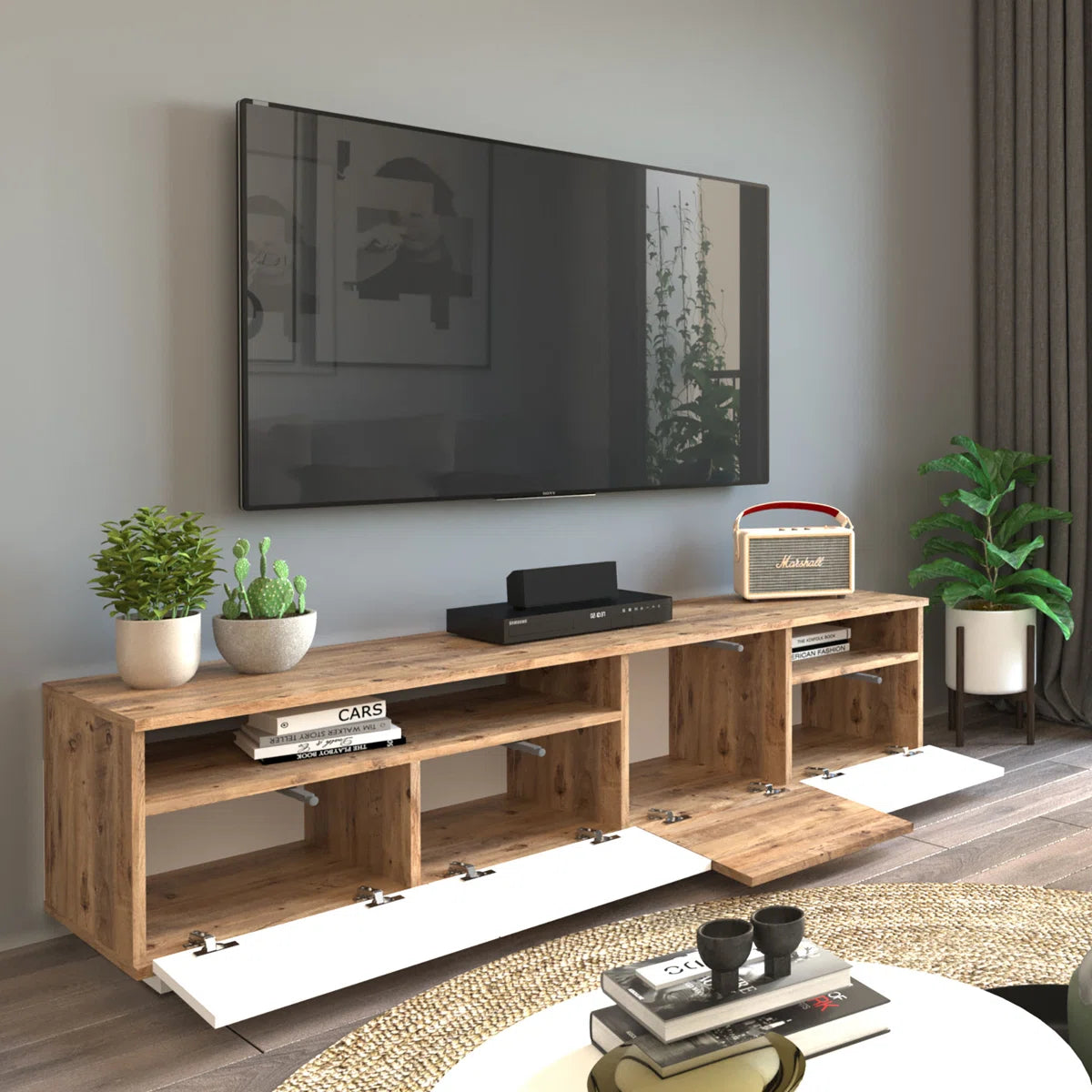 tv panel: Modern tv panel with Shelves, Designed for TVs Up to 40"
