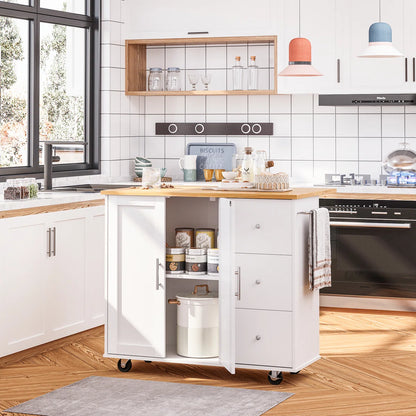 Kitchen Island Table: 39.7” Rolling Cart with Drop Leaf, Cabinet; Towel Rack