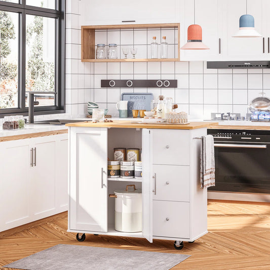 Kitchen Island Table: 39.7” Rolling Cart with Drop Leaf, Cabinet; Towel Rack