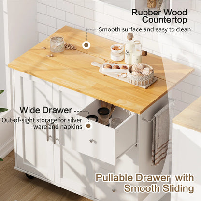 Kitchen Island Table: 39.7” Rolling Cart with Drop Leaf, Cabinet; Towel Rack