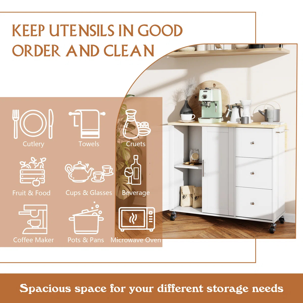 Kitchen Island Table: 39.7” Rolling Cart with Drop Leaf, Cabinet; Towel Rack
