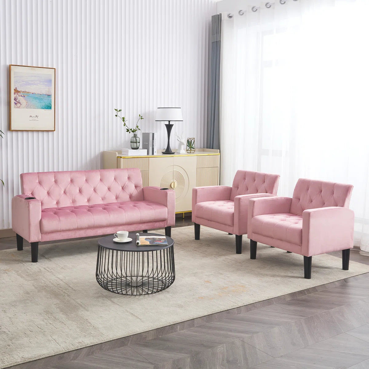 Luxury Sofa Sets: 3-Piece Velvet Sofa Set – Loveseat & 2 Chairs with Tufted Design, & Cup Holders