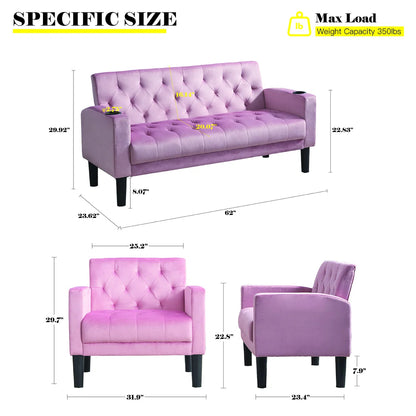 Luxury Sofa Sets: 3-Piece Velvet Sofa Set – Loveseat & 2 Chairs with Tufted Design, & Cup Holders