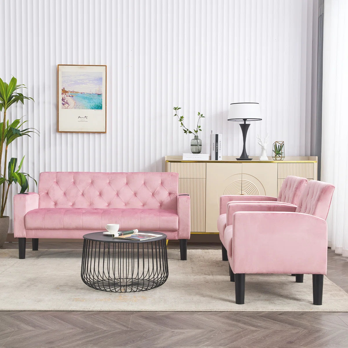 Luxury Sofa Sets: 3-Piece Velvet Sofa Set – Loveseat & 2 Chairs with Tufted Design, & Cup Holders